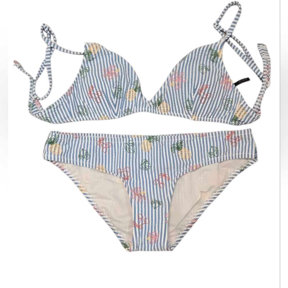 J. Crew Blue Striped Seersucker Embroidered Bikini Set Size Small Swimwear